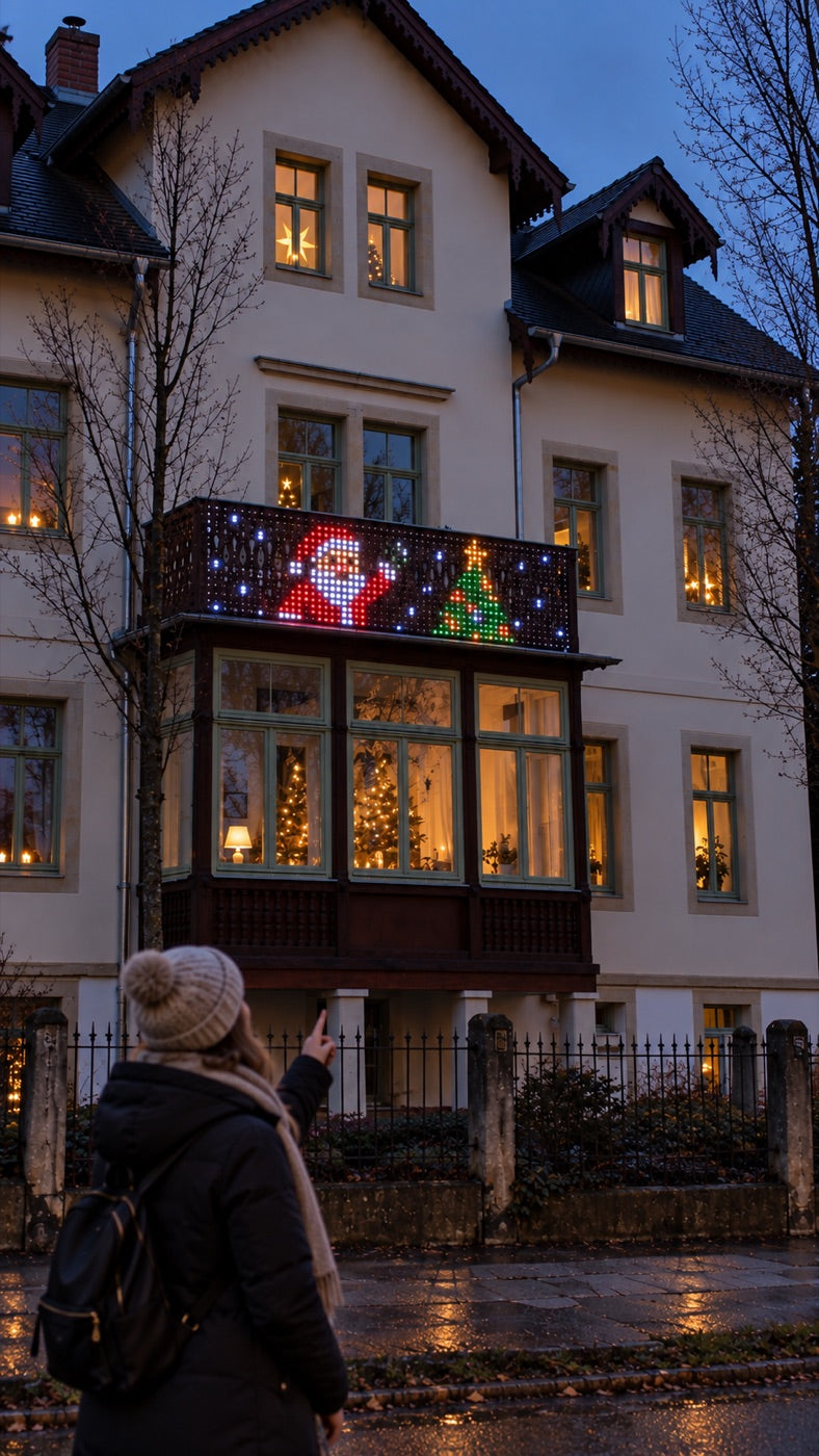 Passantin bleibt vor dem leuchtenden Balkon stehen