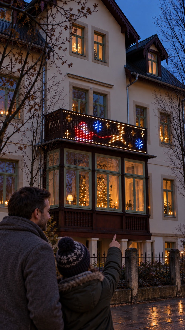Vater und Kind zeigen auf den Balkon